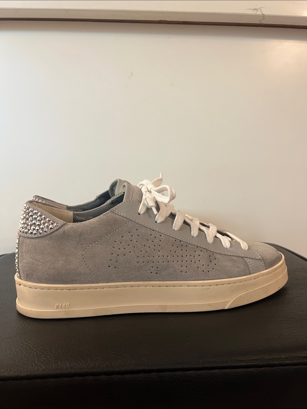 P448 Grey Suede Low-Top Sneaker with Crystal Heel